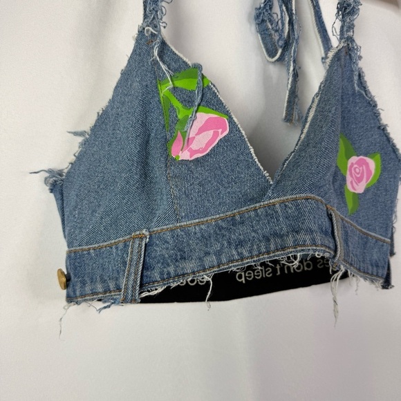 Natasha Zinko Blue Denim Upcycled Rose Floral Cropped Tank Top M - Picture 3 of 5